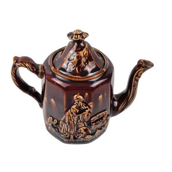 Vintage Rockingham Style Rebekah At The Well Coffee Tea Pitcher Brown Drip Glaze - Picture 7 of 10